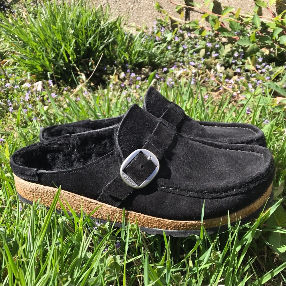 Birkenstock Black Leather Buckley Shearling Clog Size 7/7.5